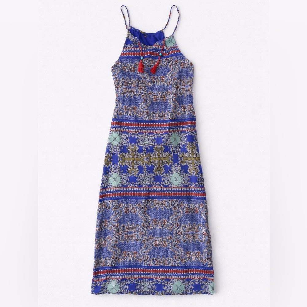 The Limited Blue Boho Print Midi Maxi Dress Tassel Tie Sleeveless Festival
